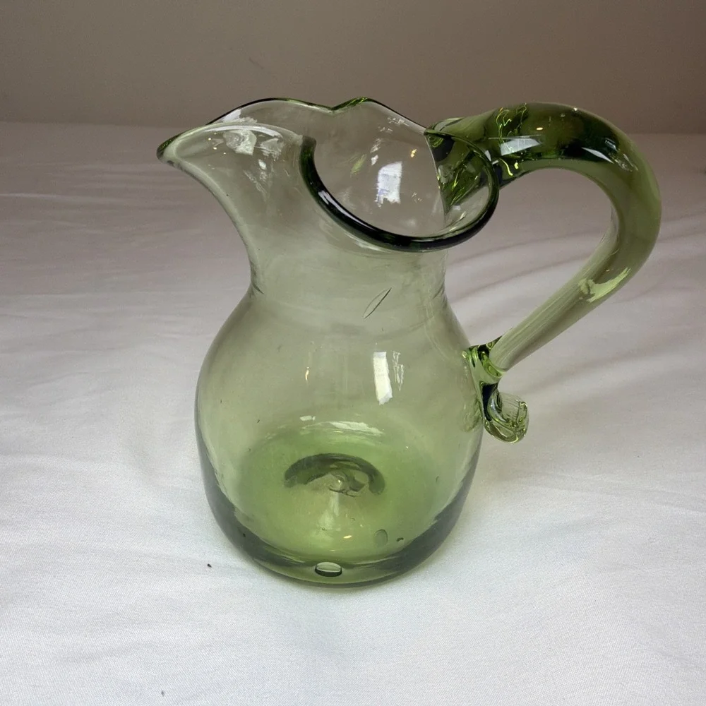 Green Glass Pitcher Ruffled Rim Applied Handle Vintage